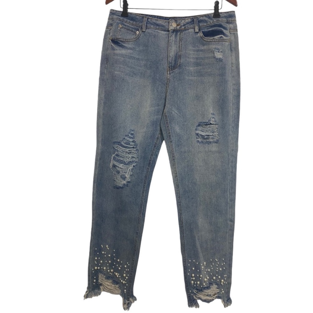 NWT Topshop Hayden Pearl Appliques at Ankle Distressed Jeans Women’s Size Medium
